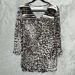 Dressbarn 1X Top Shirt Brown Animal Print Faux Tab 3/4 Sleeve Zip V Neck Stretch
